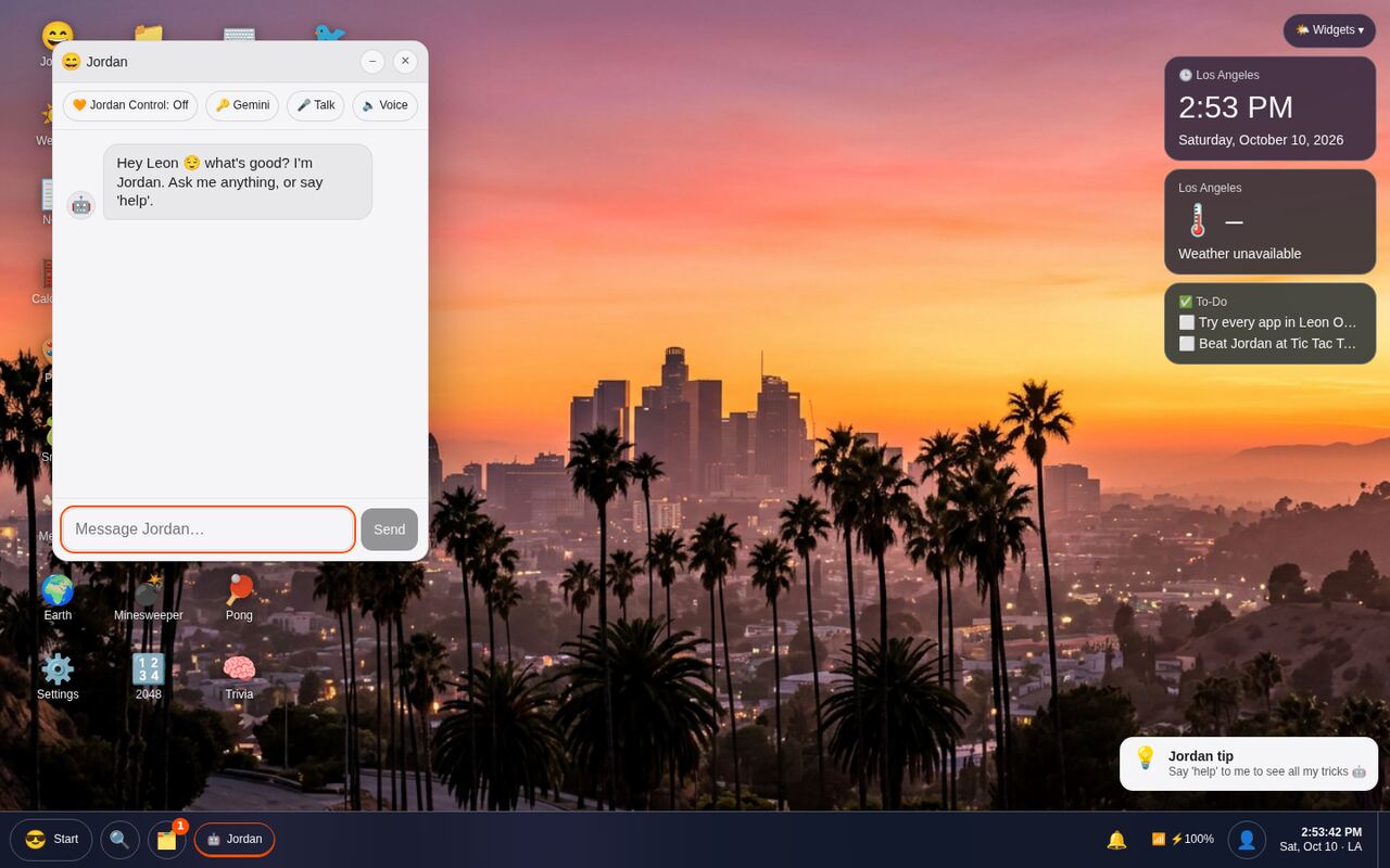 Jordan AI assistant chat window in Leon OS